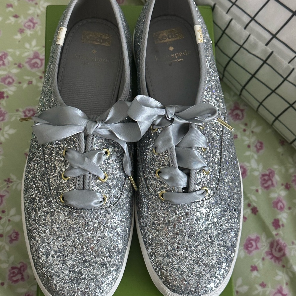 Kate Spade Silver Glitter Sneakers with Satin Ribbon Laces
